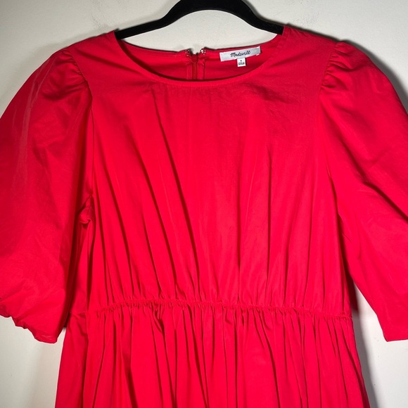 Madewell Poplin Cotton Crewneck Bubble Short Sleeve Mini A-line Dress Sz 6 Red - Picture 7 of 16